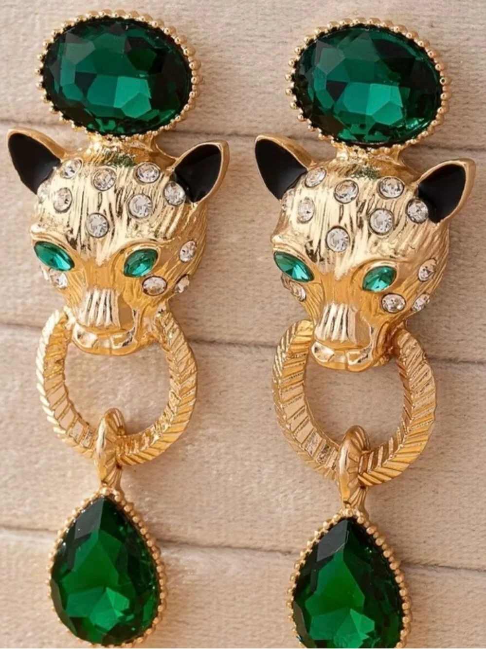 Gold Leopard Hoop Drop Earrings with Emerald Green Crystals - Women Jewelry